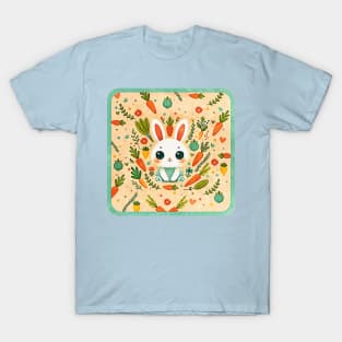 cute rabbit surrounded by flowers, plants and carrots, Scandinavian style T-Shirt